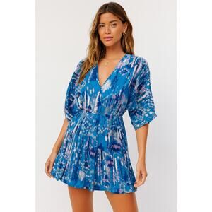 Savanna Jane Printed 3/4 Sleeve Peasant Mini Dress Teal Blue Small
